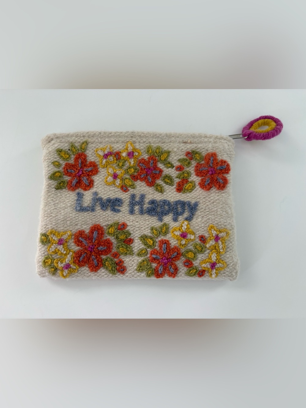 NEW Jenny Krauss Handmade 'Live Happy' Floral Embroidery Pouch accessory bag